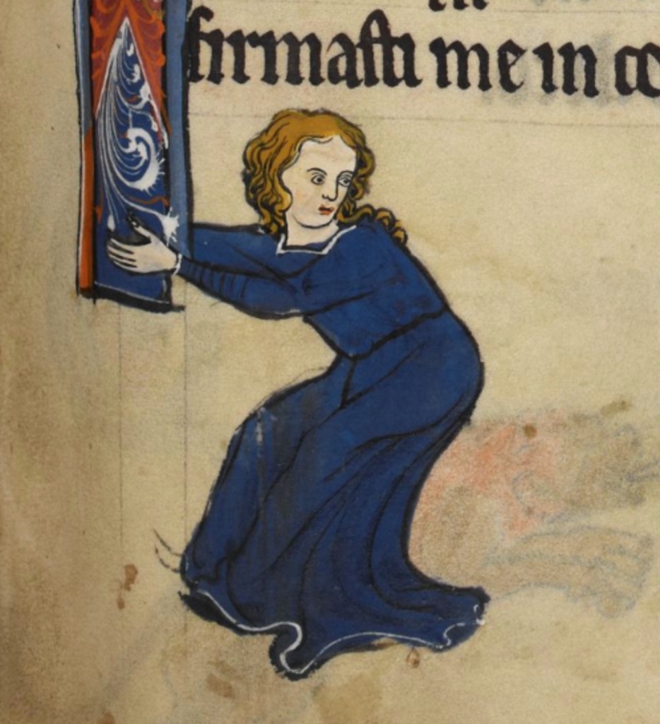 An illumination from a medieval manuscript of an alarmed woman with blonde hair in a floor length dark blue dress holding a decoration. 